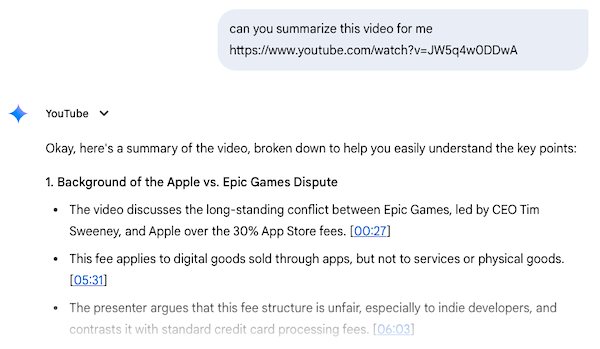 Gemini parse YouTube video result